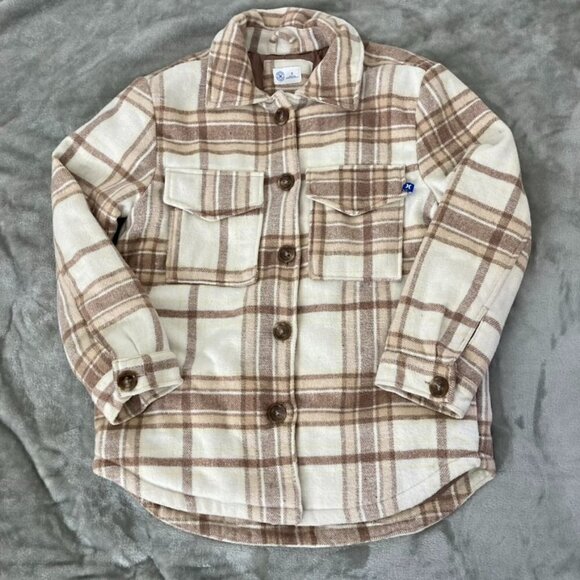 Hurley Cream & Brown Plaid Flannel Shacket Jacket Fall Neutral Pocket Size Small - Picture 1 of 12
